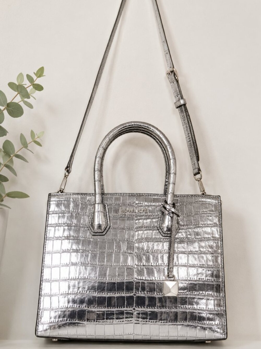 Michael Kors Metallic Silver Croc-Embossed Leather Satchel Crossbody Convertible